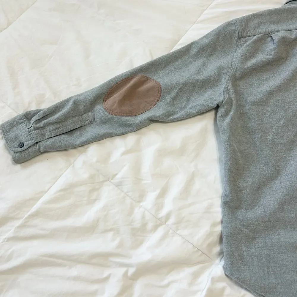 J.Crew Gray Button Down Workshirt Large 100% Cotton Elbow Patch Long Sleeve